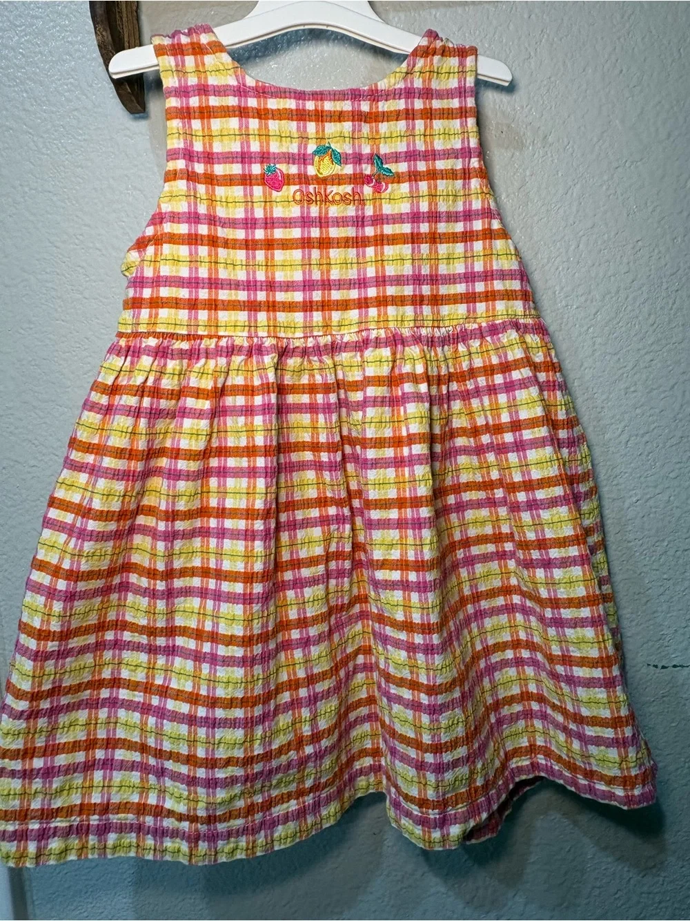 VTG OshKosh Dress Girls 4t Plaid Fruit Seersucker Pinafore Jumper  1990s